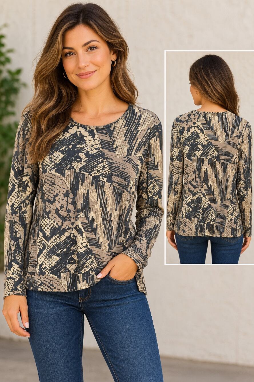 Westbound Woman 1X Abstract Geometric Print Long Sleeve Stretch Top Black Tan